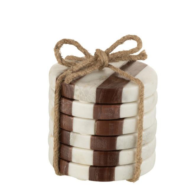 Onderzetters Streep Marmer Wit/Bruin Set van 6 - Onderzetter - J-Line - livinglovely.nl