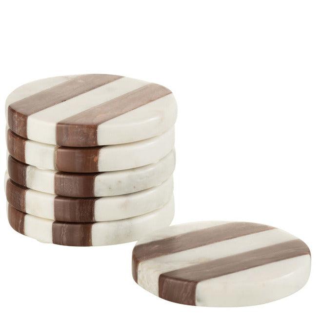 Onderzetters Streep Marmer Wit/Bruin Set van 6 - Onderzetter - J-Line - livinglovely.nl