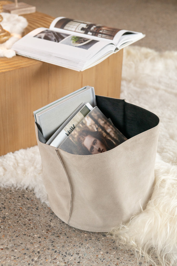 Opbergmand Rond Laag Leder Beige - Mand - J-Line - livinglovely.nl