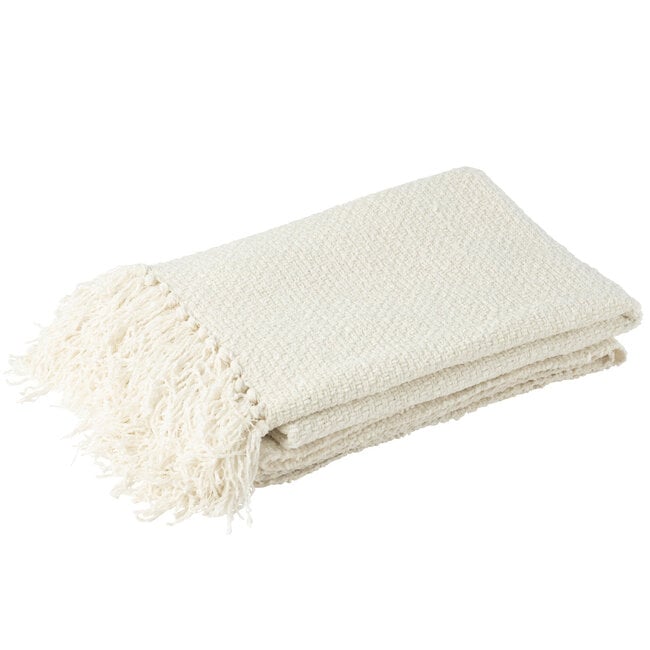 Plaid Gewoven + Franjes Viscose Wit 130x180cm - Poef - J-Line - livinglovely.nl