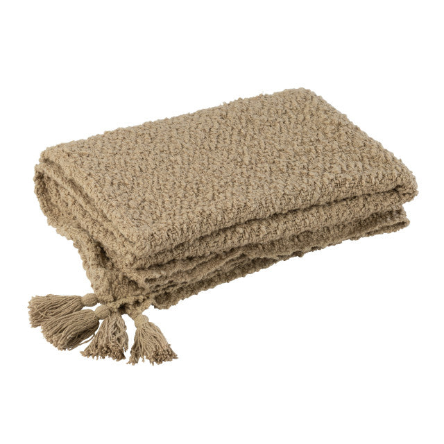 Plaid Kwasten Katoen Donker Beige 130x180cm - Poef - J-Line - livinglovely.nl