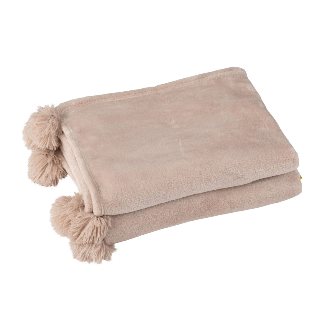 Donkerbeige pompomplaid van J-Line over een bank gedrapeerd