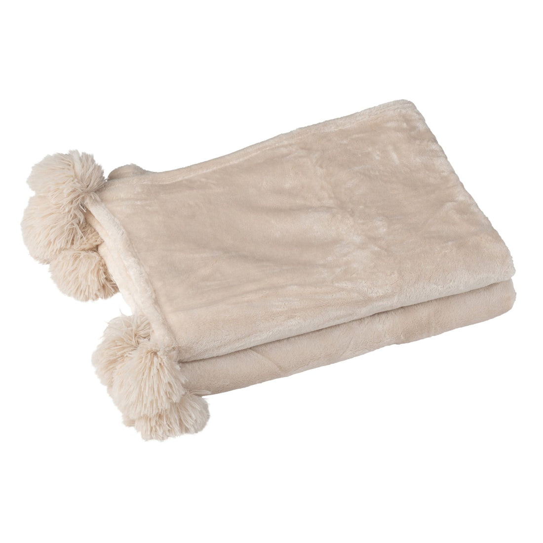 Lichtbeige pompomplaid van J-Line over een bank gedrapeerd