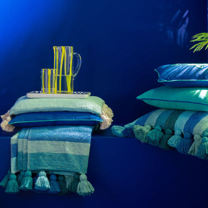 Plaid Strepen + Kwastjes Katoen Blauw J-Line - Poef - J-Line - livinglovely.nl