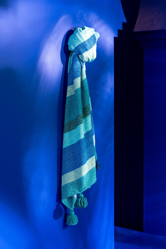 Plaid Strepen + Kwastjes Katoen Blauw J-Line - Poef - J-Line - livinglovely.nl