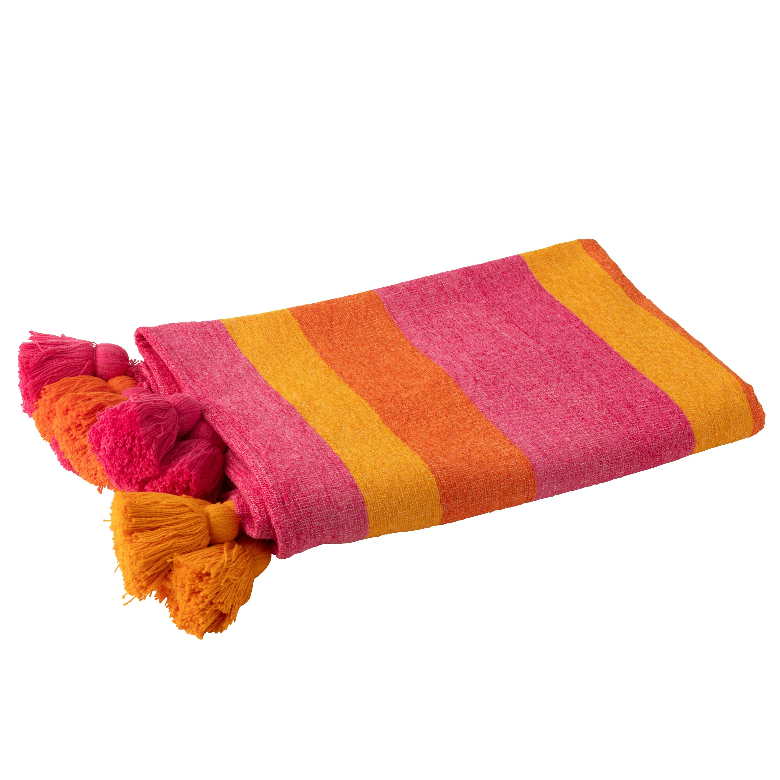 Plaid Strepen + Kwastjes Katoen Mix J-Line - Poef - J-Line - livinglovely.nl