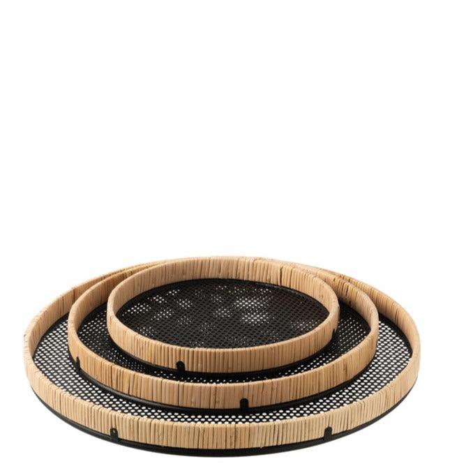 Plateaus Rond Metaal/Rotan Zwart/Naturel Set van 3 - Plateau - J-Line - livinglovely.nl