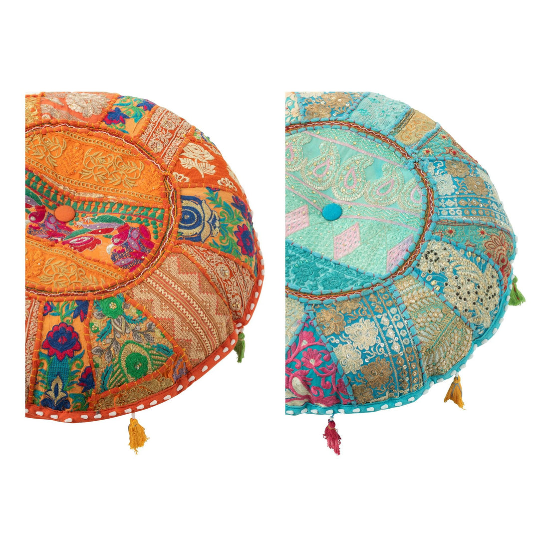 Pouf Rund Flach Muster + Quasten Baumwolle Orange/Blau 2er-Set J-Line