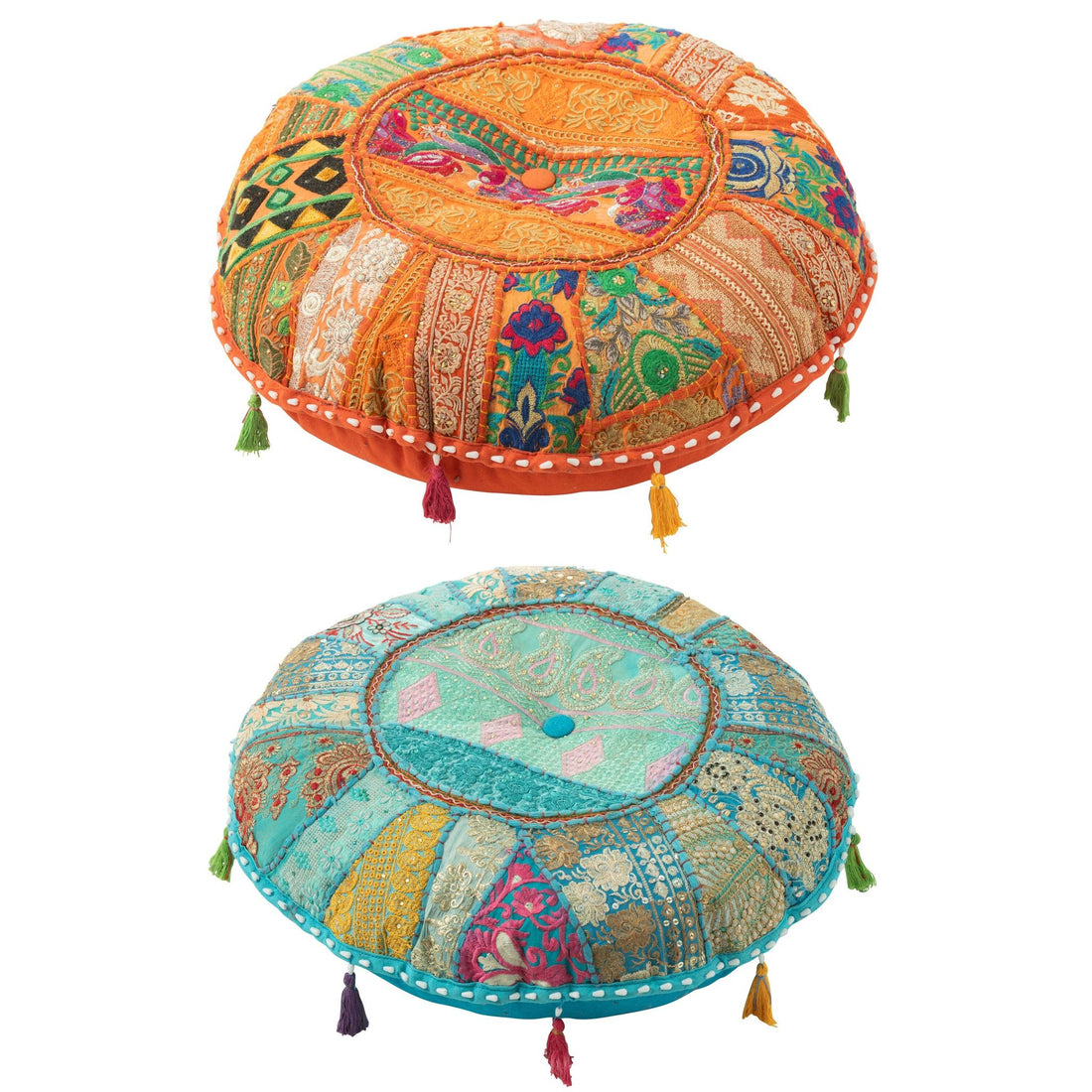 Pouf Rund Flach Muster + Quasten Baumwolle Orange/Blau 2er-Set J-Line