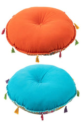 Poef Rond Plat Patronen + Kwasten Katoen Oranje/Blauw Set van 2 - Poef - J-Line - livinglovely.nl