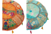 Poef Rond Plat Patronen + Kwasten Katoen Oranje/Blauw Set van 2 - Poef - J-Line - livinglovely.nl