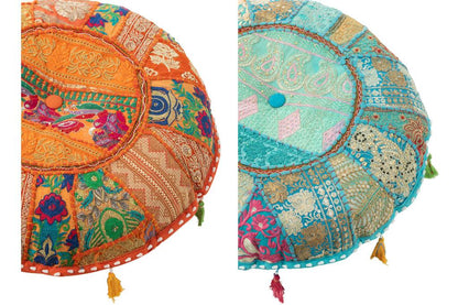 Poef Rond Plat Patronen + Kwasten Katoen Oranje/Blauw Set van 2 - Poef - J-Line - livinglovely.nl