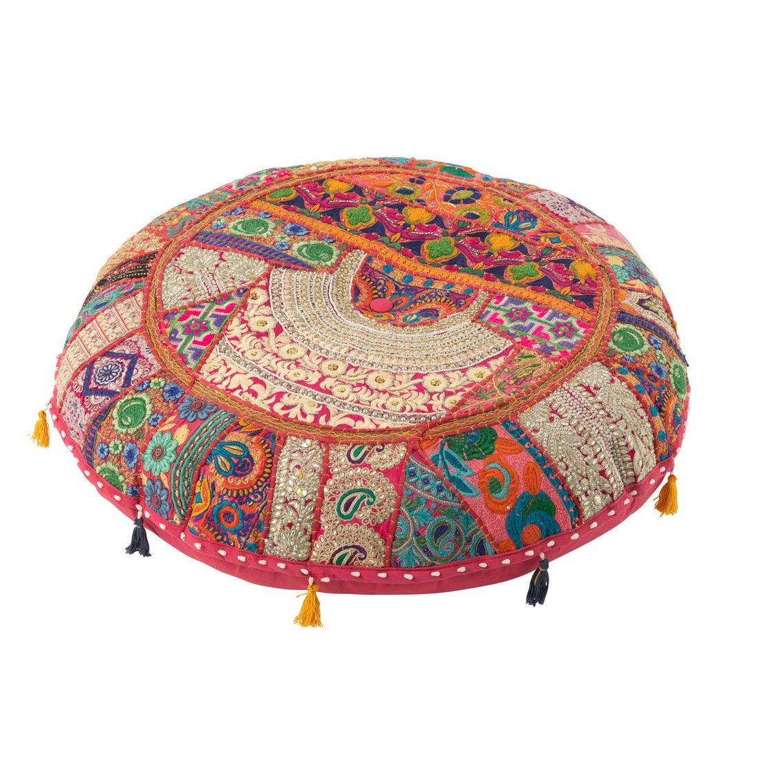 Poef Rond Plat Patronen + Kwasten Katoen Roze - Poef - J-Line - livinglovely.nl
