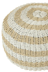 Poef Rond Strepen Geweven Plastiek Wit/Naturel - Poef - J-Line - livinglovely.nl