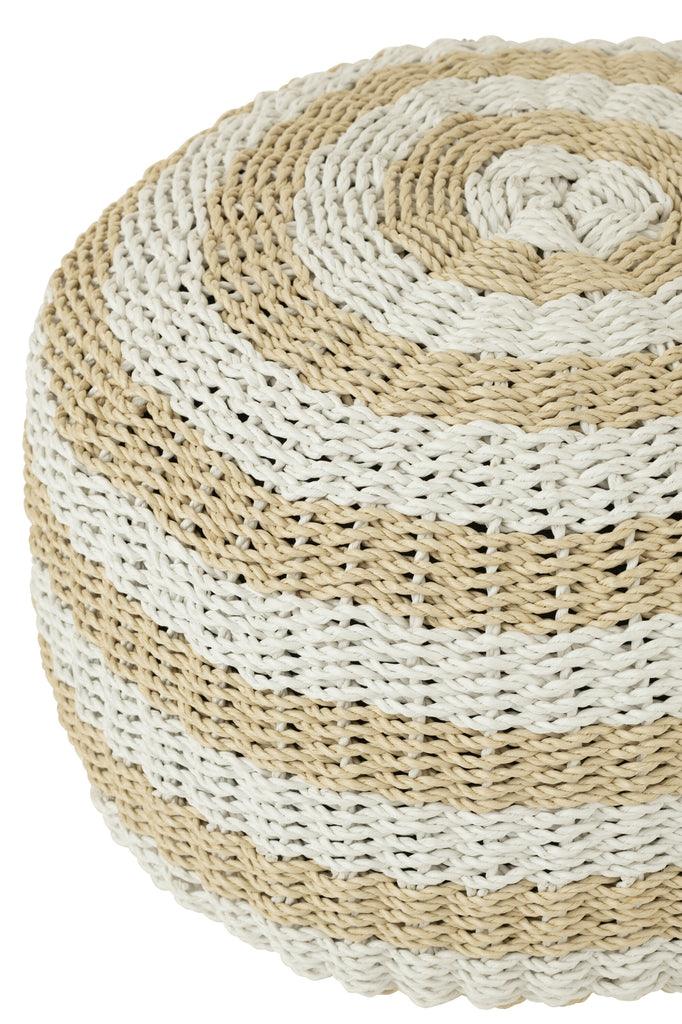 Poef Rond Strepen Geweven Plastiek Wit/Naturel - Poef - J-Line - livinglovely.nl