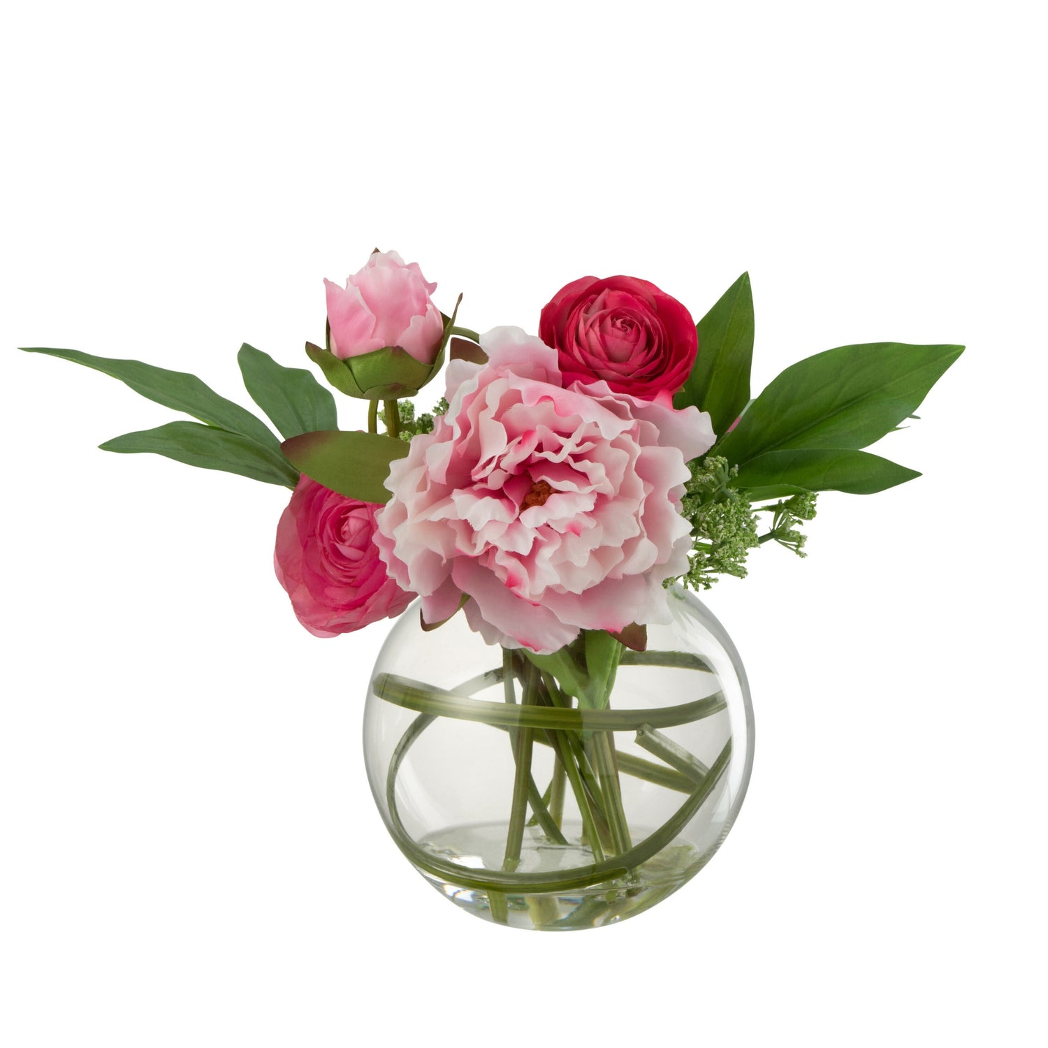 Ranonkel Pioen In Vaas Bol Plastiek Glas Roze - Kunstbloem - J-Line - livinglovely.nl