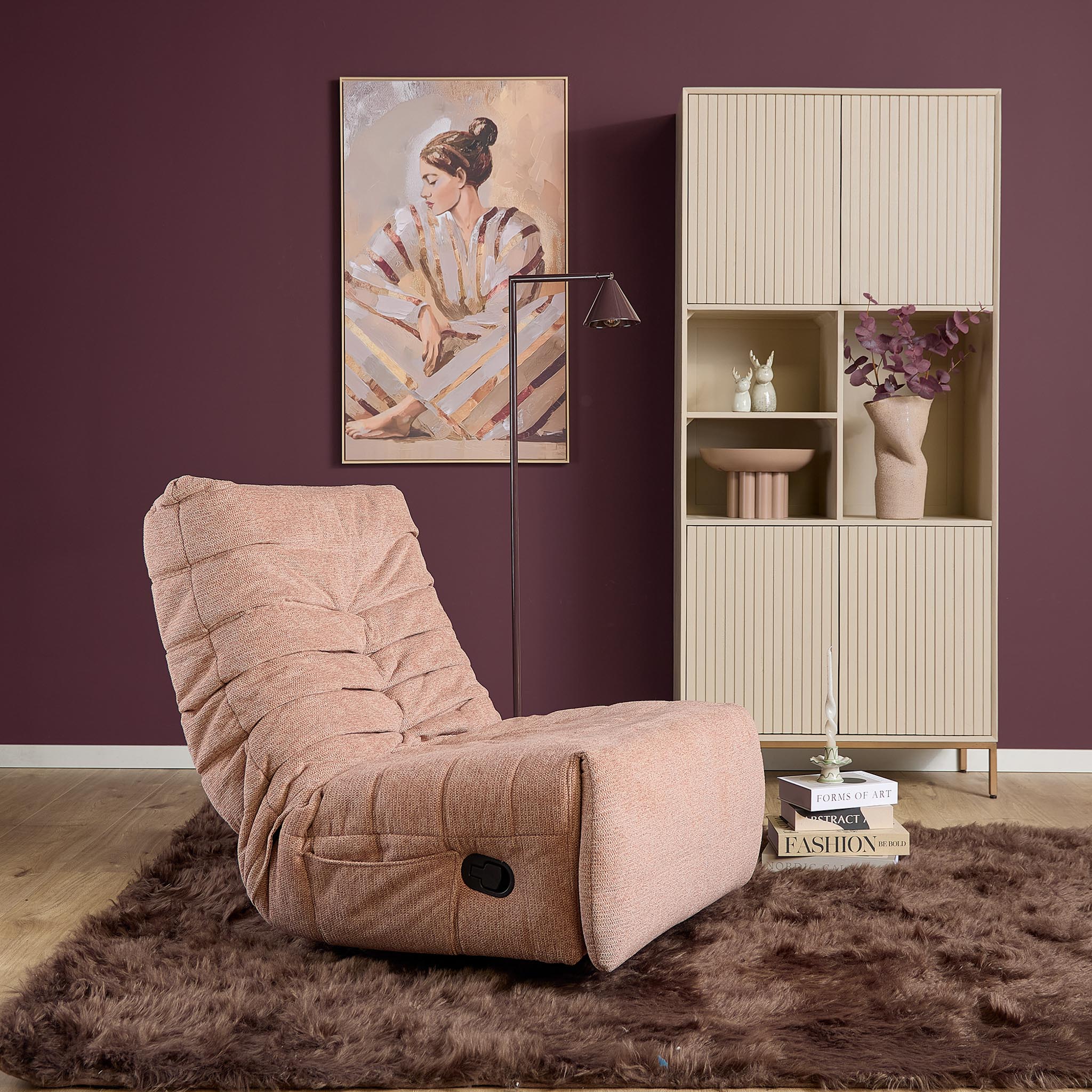 Relaxfauteuil Zen van Starfurn in roze, detail van het draaibare onderstel