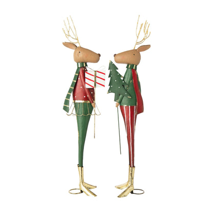 Rendier met Kerstboom en Cadeau Metaal Rood/Donkergroen Assortiment van 2 J-Line