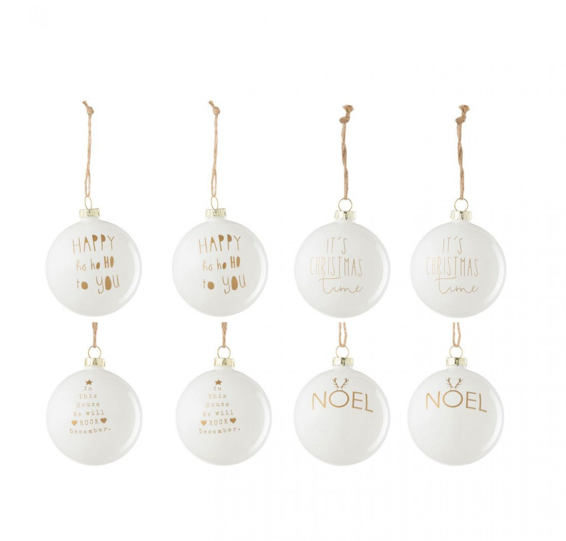 Doos Van 8 Kerstbal 2+2+2+2 Tekst Kerstmis Glas Wit/Goud J-Line