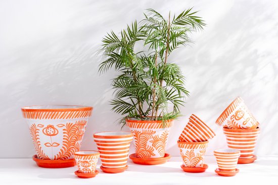 Flowerpot+Plate Granada Stripes Handmade+Painted Ceramic Naranja Extra Large J-Line