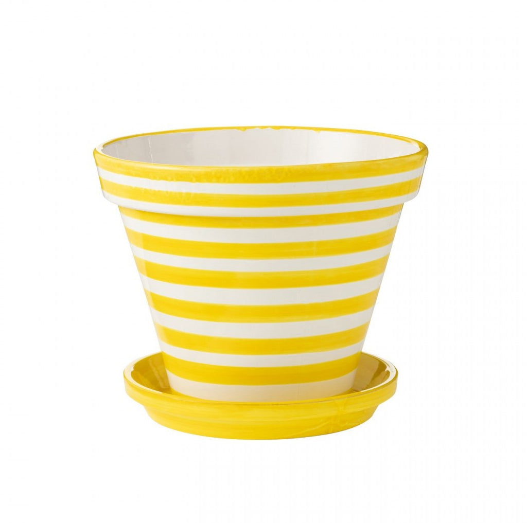 Flowerpot+Plate Granada Stripes Handmade+Painted Ceramic Yellow Extra Large