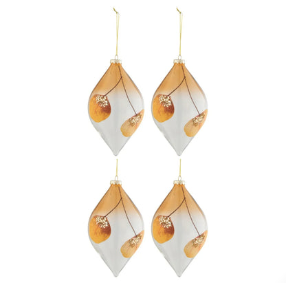 Doos Van 4 Kerstballen Druppel Gedroogd Blad Oker+Glitter Glas Transparant J-Line