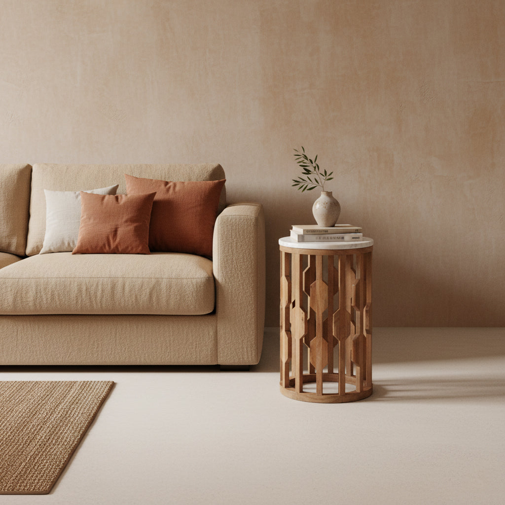 Atjeh bijzettafel marmer wit – 40x40x50 cm Raw Materials