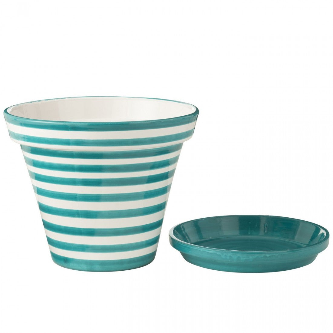 Flowerpot+Plate Granada Stripes Handmade+Painted Ceramic Aqua Extra Large J-Line