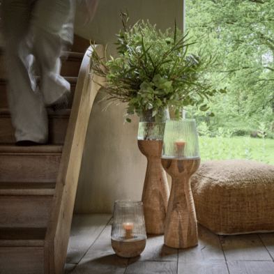 Arbre - Windlicht/vaas - Mango hout / glas - DIA 22 x H 82 cm - Naturel Pomax