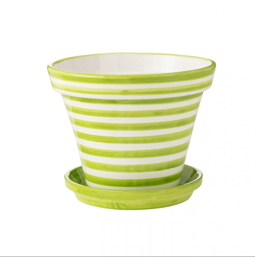 Flowerpot+Plate Granada Stripes Handmade+Painted Ceramic Green Extra Large J-Line