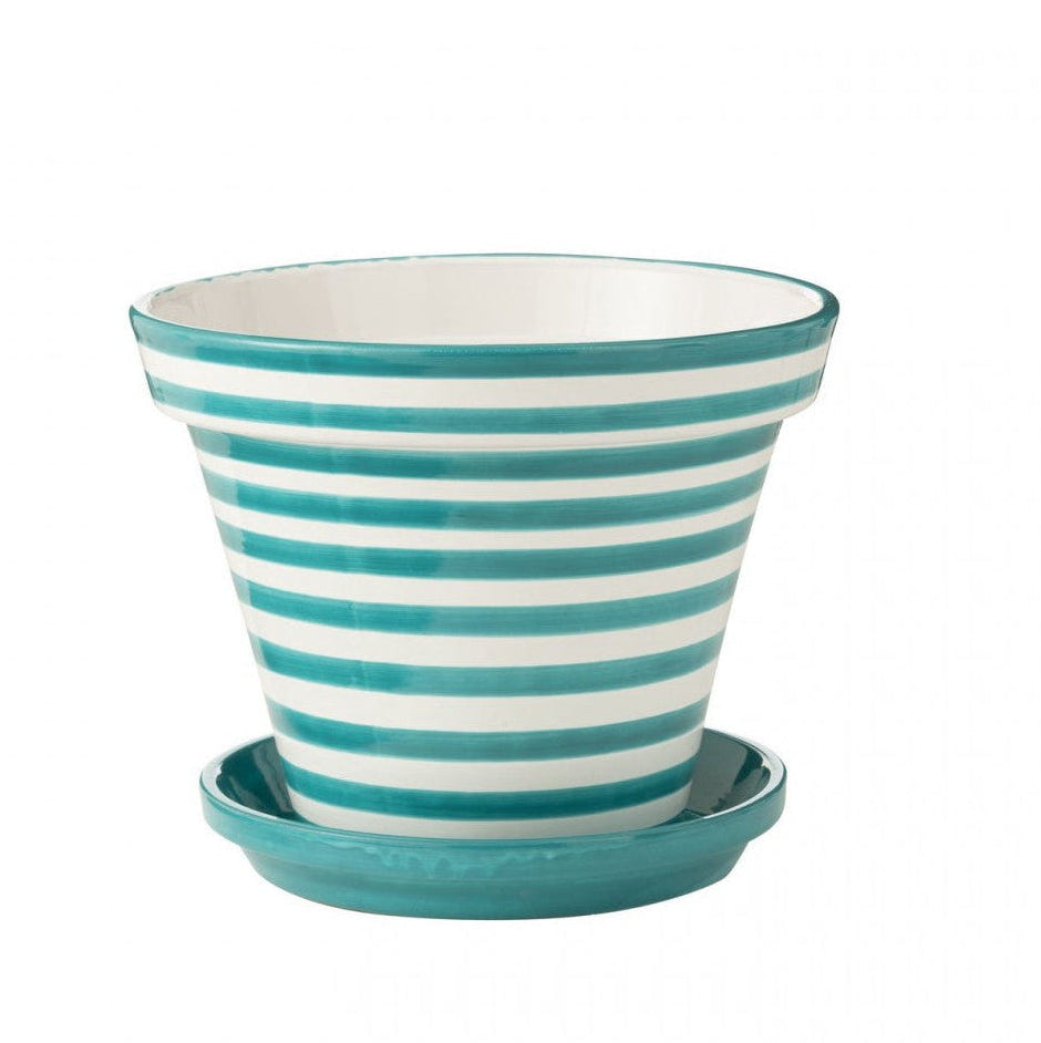 Flowerpot+Plate Granada Stripes Handmade+Painted Ceramic Aqua Extra Large J-Line