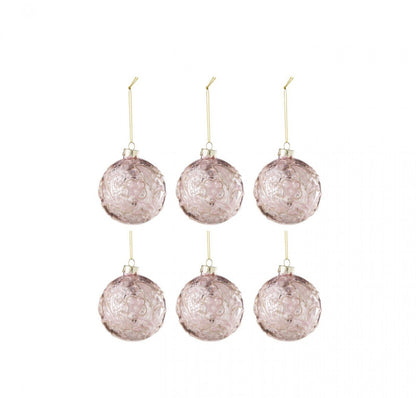 Doos Van 6 Kerstbal Motief Roos Pailletten Glas Licht Roze Small J-Line
