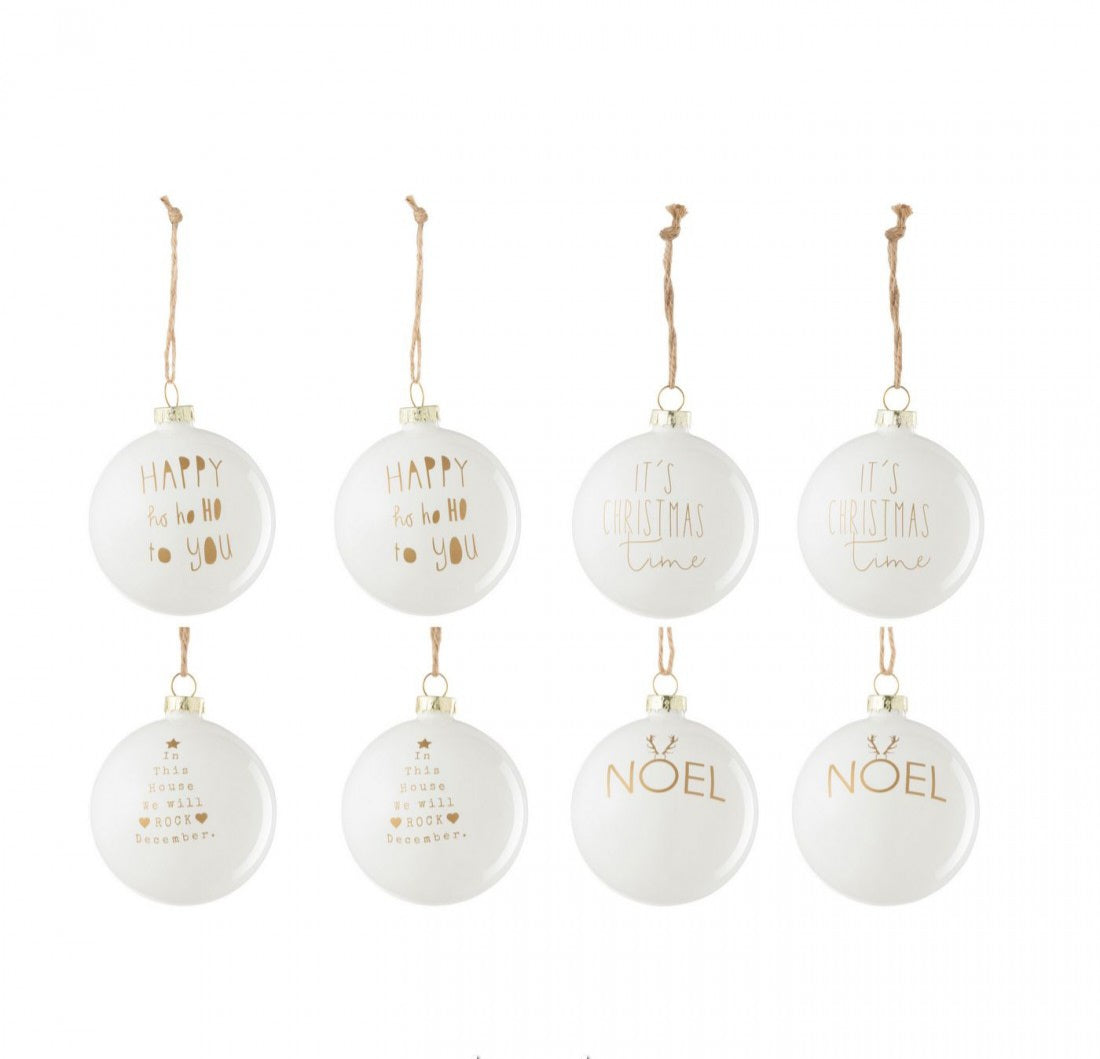 Doos Van 8 Kerstbal 2+2+2+2 Tekst Kerstmis Glas Wit/Goud J-Line
