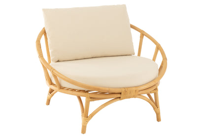Ronde Loungestoel + Kussen Rotan/Textiel Naturel/Wit J-Line - Loungestoel - J-Line - livinglovely.nl
