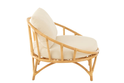 Ronde Loungestoel + Kussen Rotan/Textiel Naturel/Wit J-Line - Loungestoel - J-Line - livinglovely.nl
