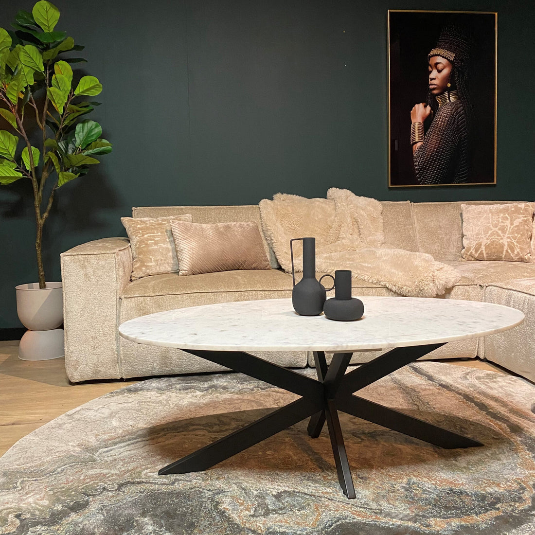 Ovale salontafel Faye van Starfurn met wit marmeren blad, 130 cm