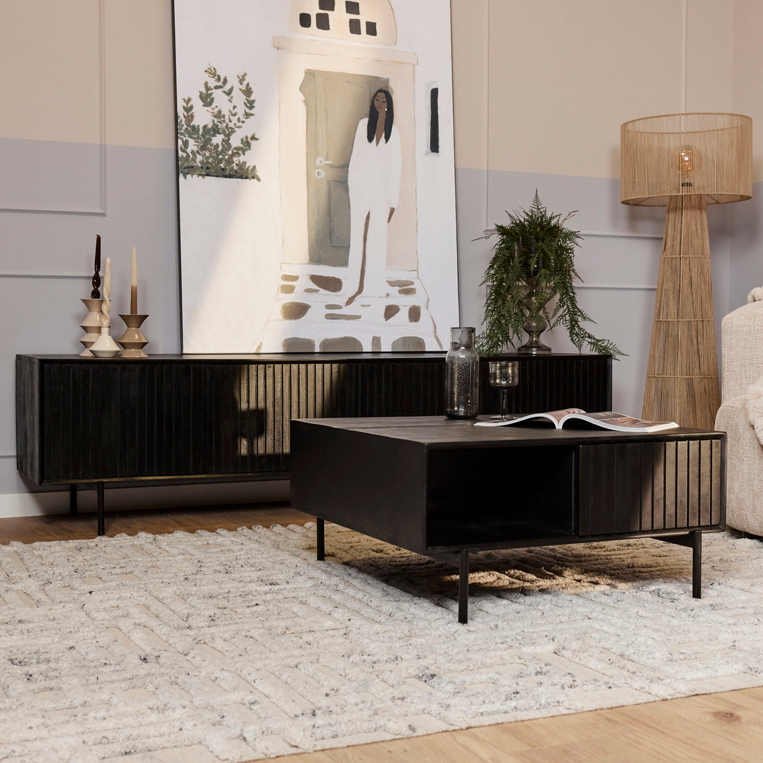 Zwarte Madison salontafel 80 cm schuin van boven gezien met twee gesloten lades