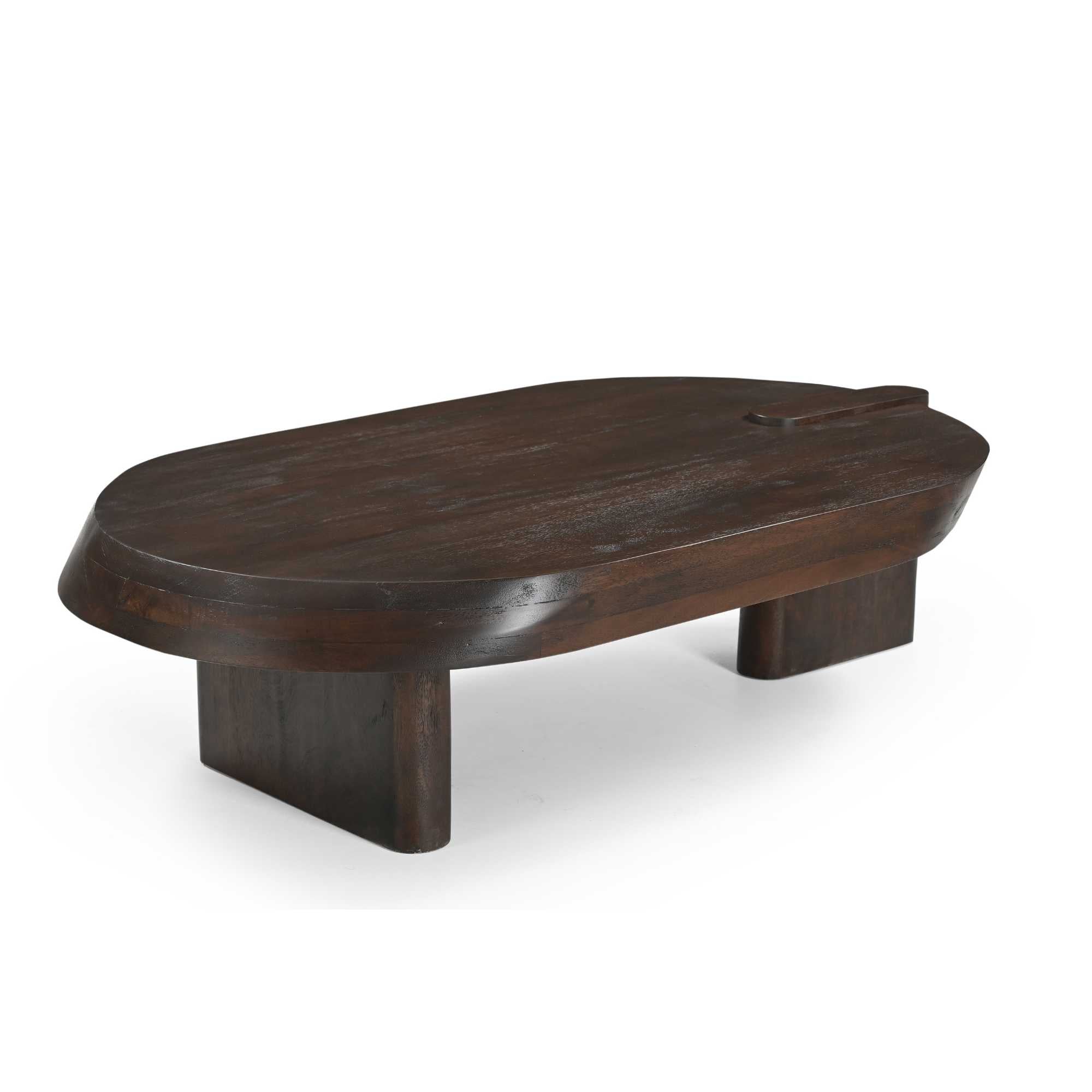 Salontafel Rava van Starfurn van bovenaf gezien, met de houtnerf van het mangohouten blad in beeld