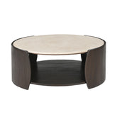 Salontafel Rune Botticino Marmer 80cm van Starfurn met zicht op de open donkere houten basis