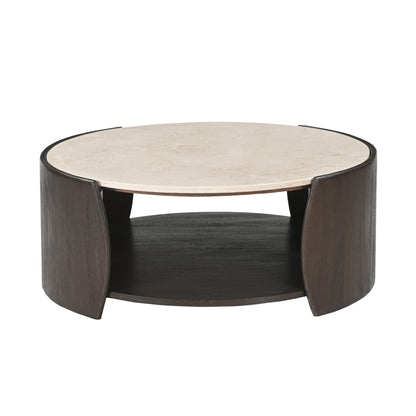 Salontafel Rune Botticino Marmer 80cm van Starfurn met zicht op de open donkere houten basis