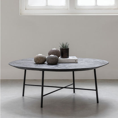 Zwarte semi ronde salontafel met Mortex blad vooraanzicht