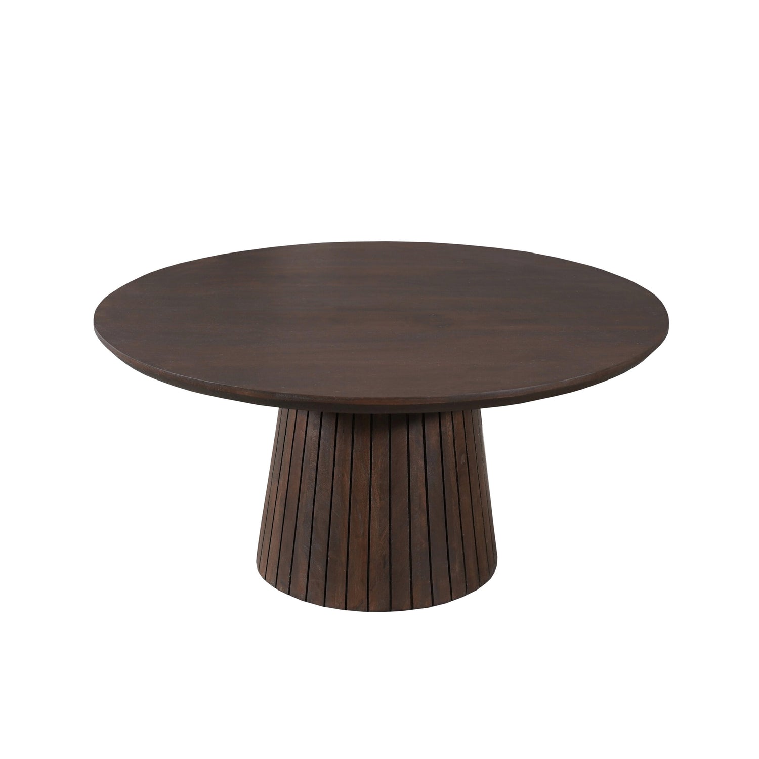 Close-up van de centrale mangohouten poot van de Solana salontafel van 80 cm