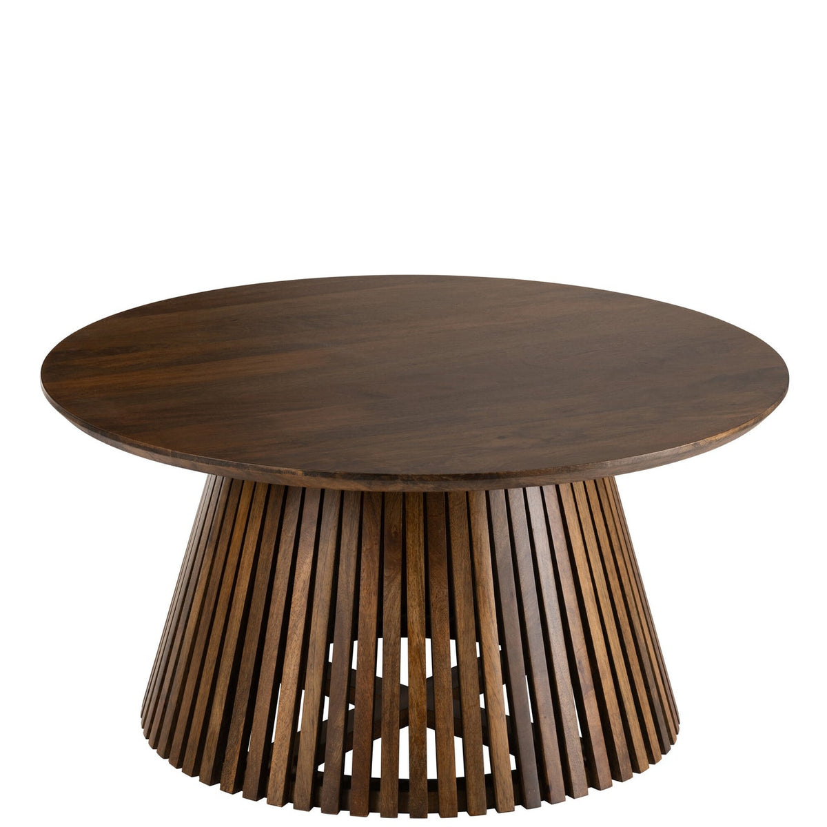 Salontafel Vincent Mangohout Bruin Medium van J-Line, ronde bruine tafel met lattenvoet op witte achtergrond