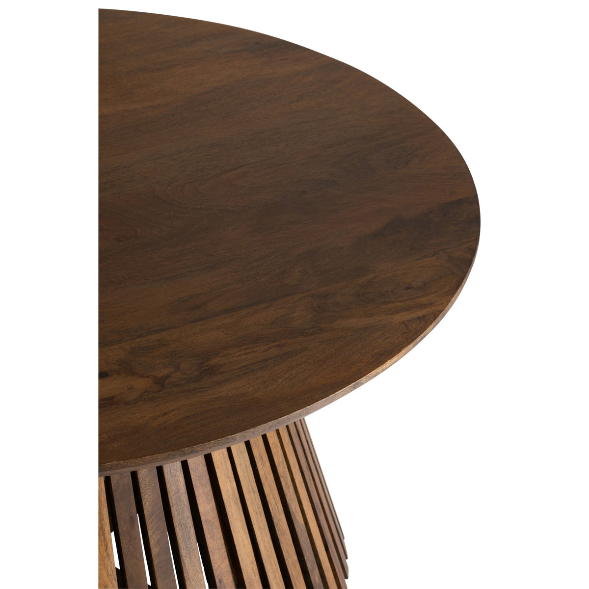 Detail van het ronde bruine mangohouten tafelblad van salontafel Vincent van J-Line