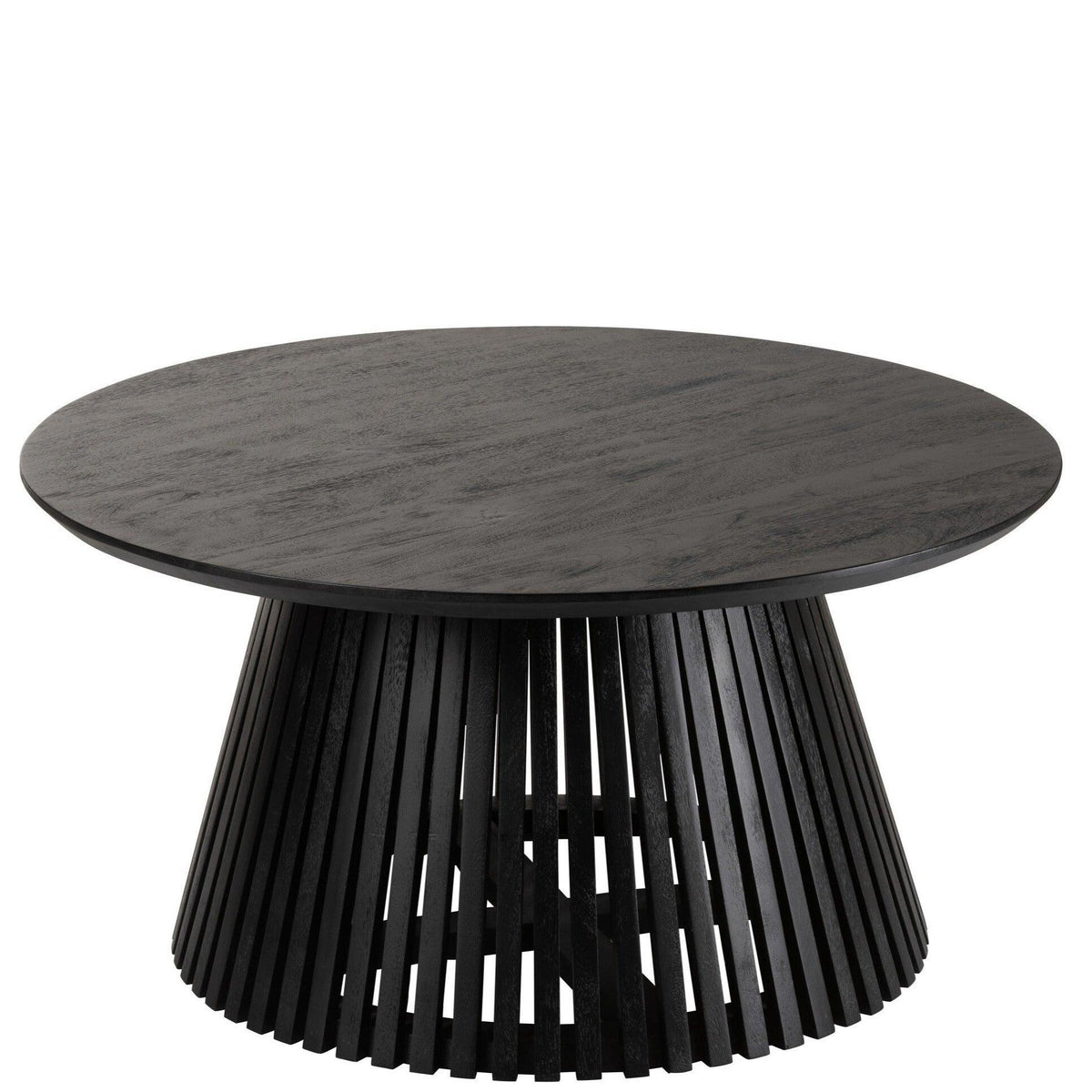 Salontafel Vincent Mangohout Zwart Medium van J-Line, ronde zwarte tafel met lattenvoet op witte achtergrond