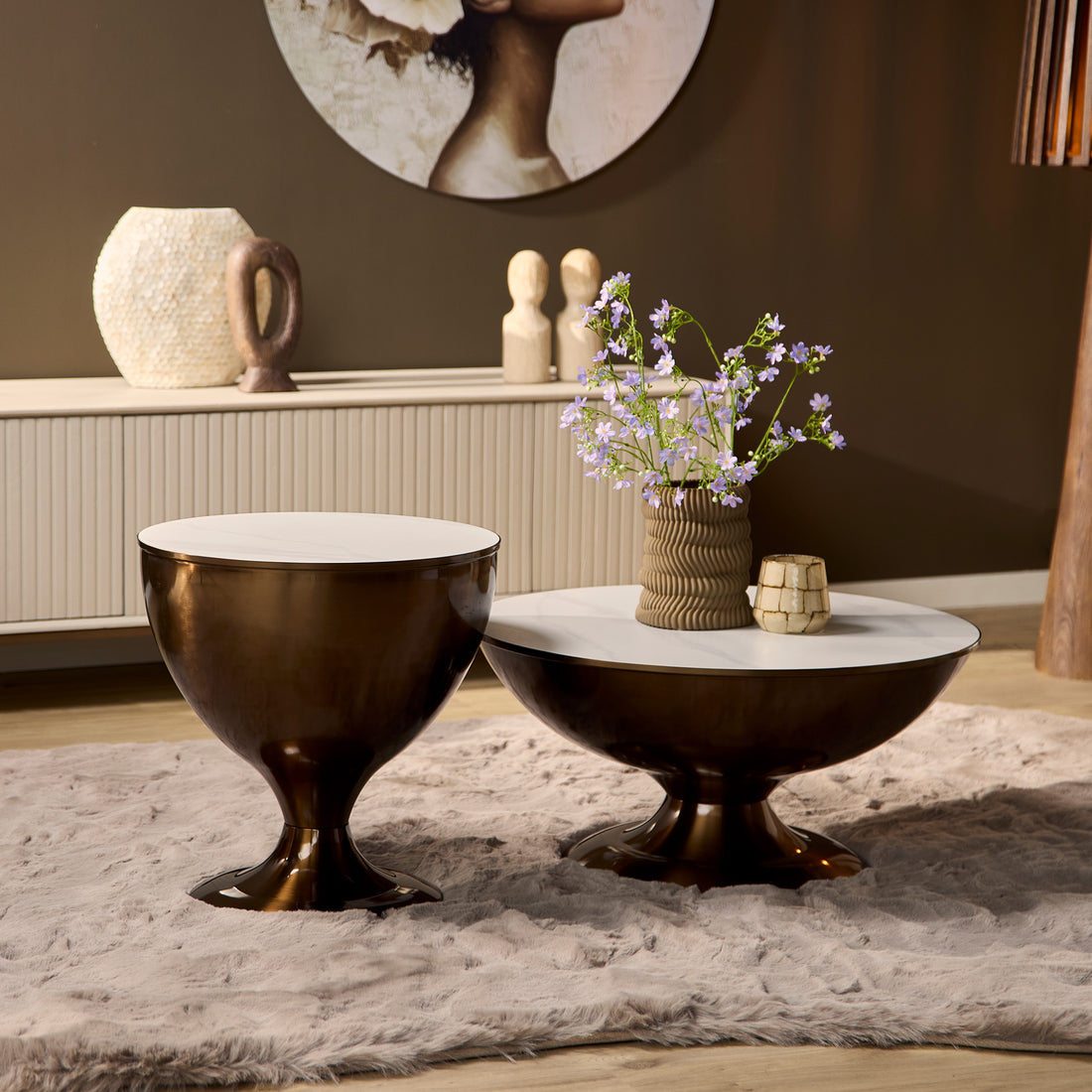 Salontafels Ava Marmer Goud set van 2 van Starfurn, beide tafels met marmeren blad en goudkleurig onderstel