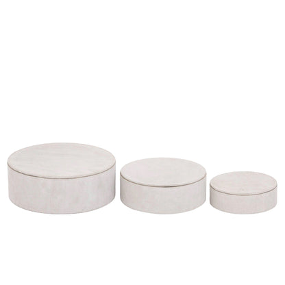 Saria Set Van 3 Opbergdozen Suède Beige Rond van PTMD, vooraanzicht, drie ronde beige opbergdozen van suède