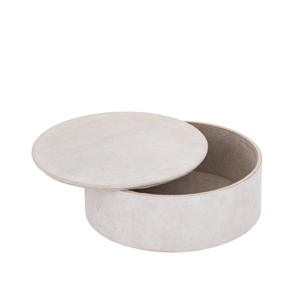 Saria Set Van 3 Opbergdozen Suède Beige Rond van PTMD, extra productfoto, drie ronde beige opbergdozen van suède