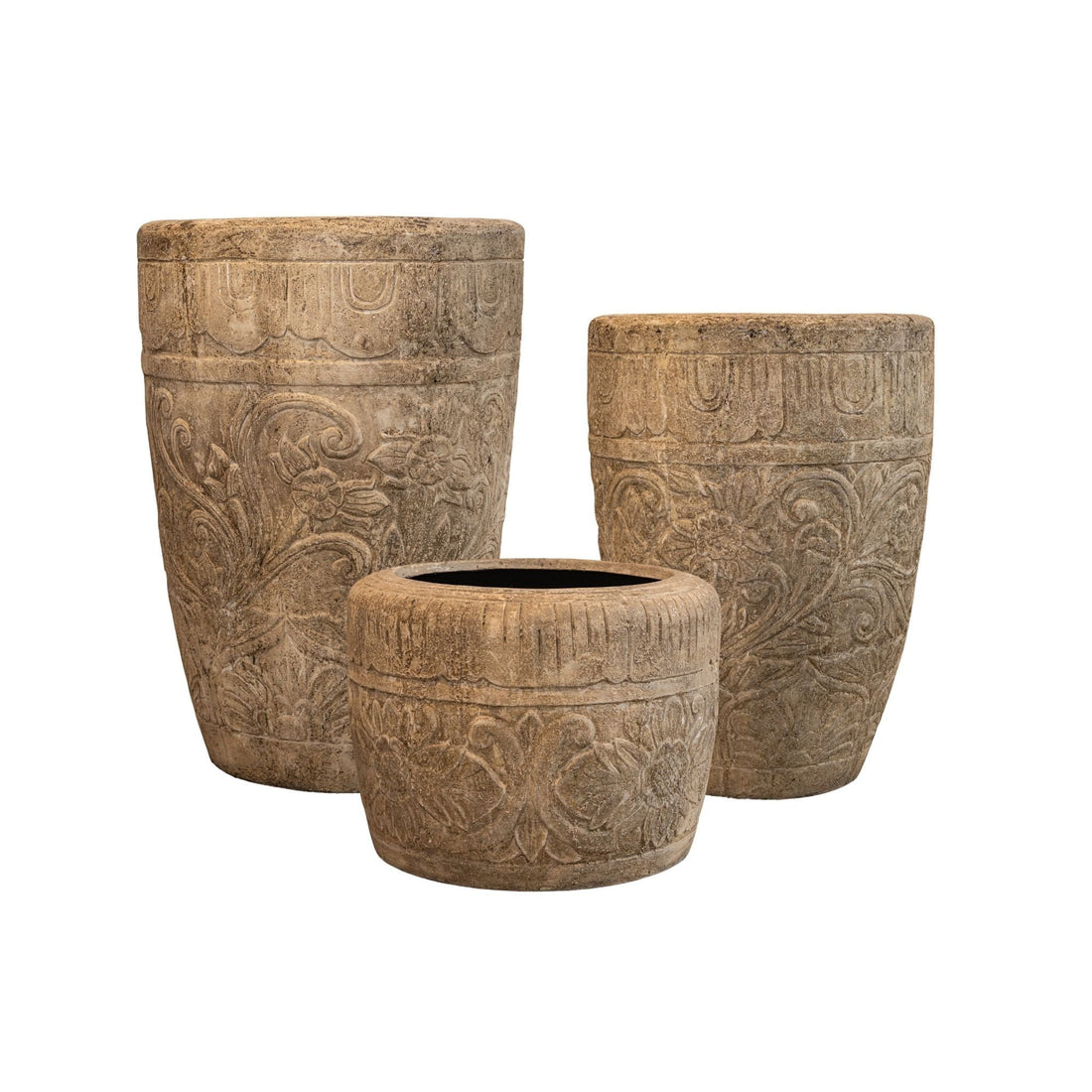Sasha Cream Cement Fiber Pot Flower Pattern Round M PTMD
