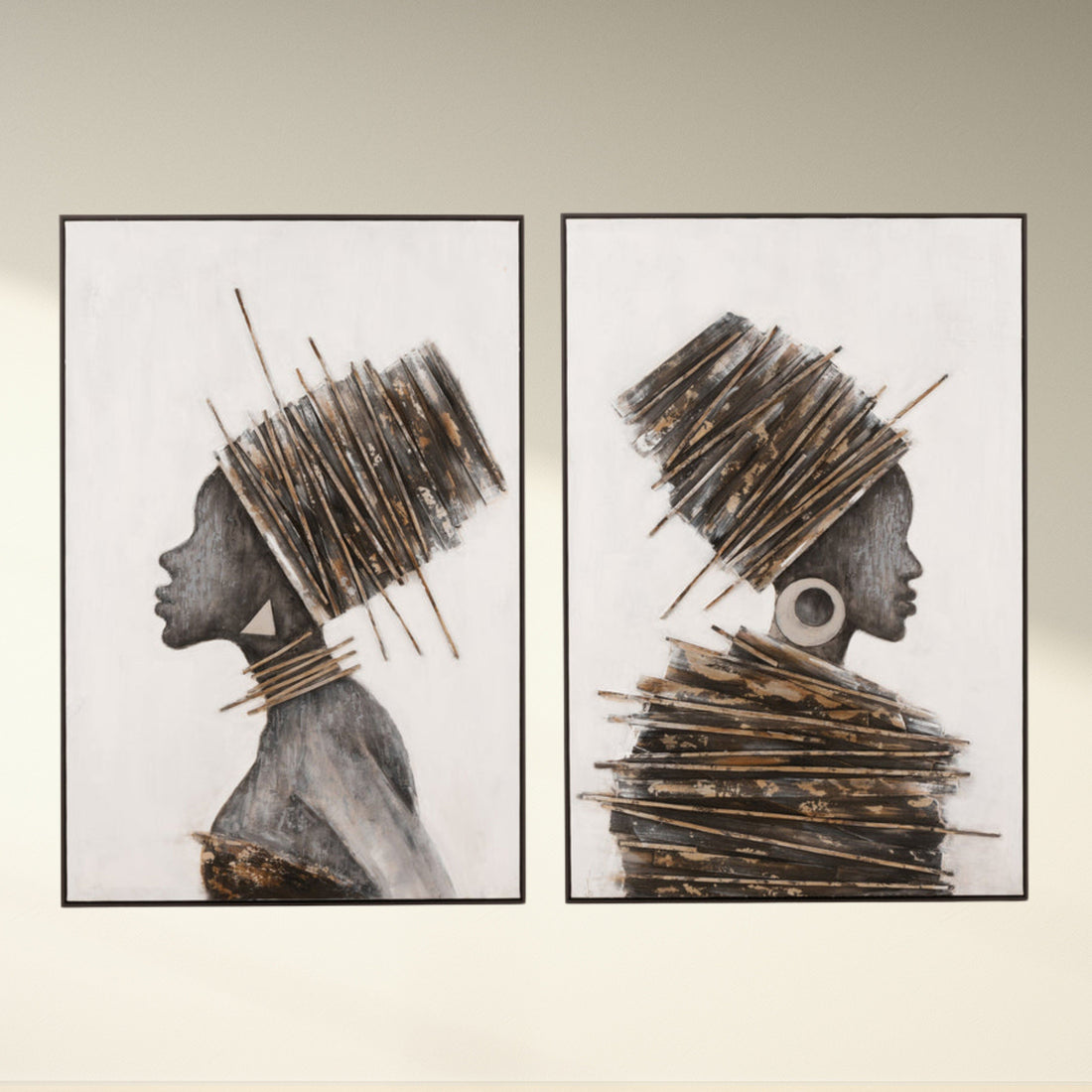 Schilderij Afrikaanse Vrouw Hout/Canvas Bruin/Grijs set van 2 - Schilderij - J-Line - livinglovely.nl